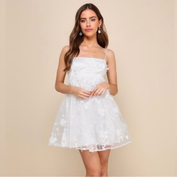 NWOT Lulu’s Divinely Sweet White Tulle Embroidered 3D Floral Mini Dress - Picture 1 of 10